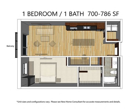 Floor plan for 1 bed, 1 bath, 786 sqft